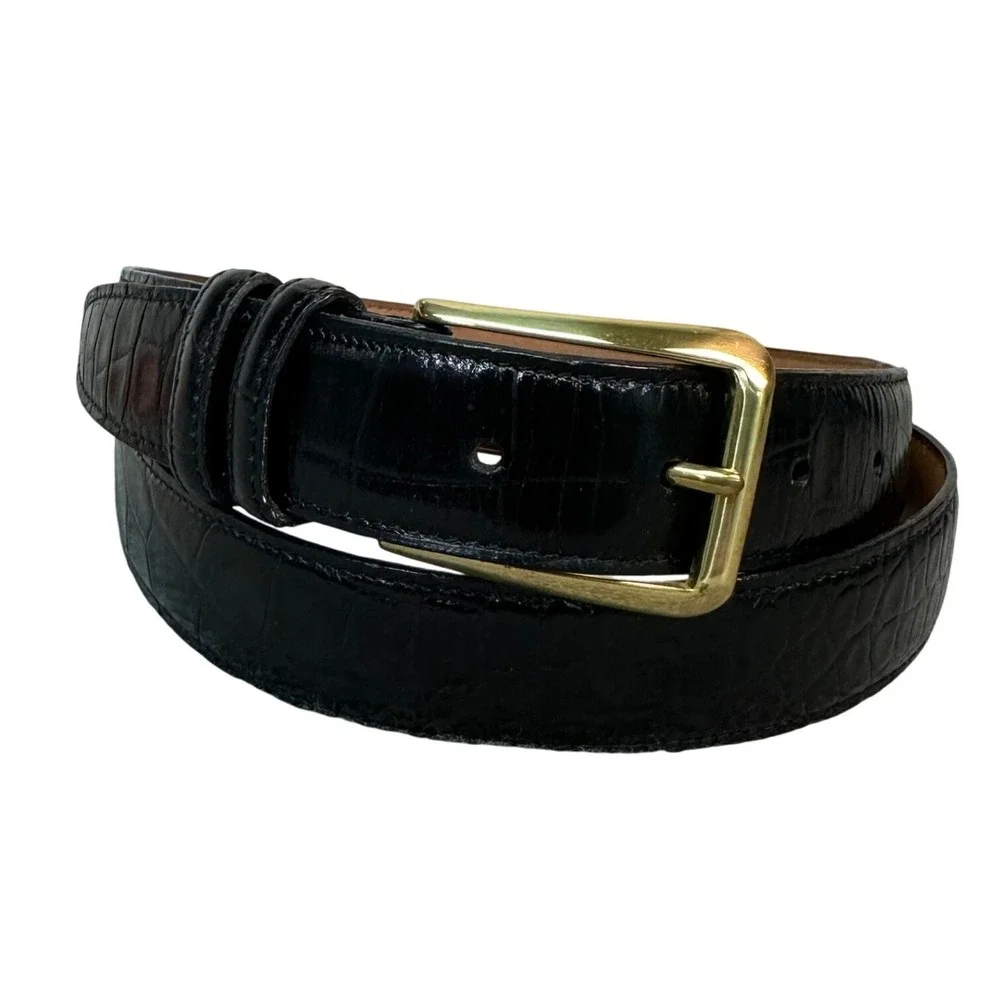 Mens Black Crocodile Print Leather Belt Gold Buckle Size 40 Handcrafted USA